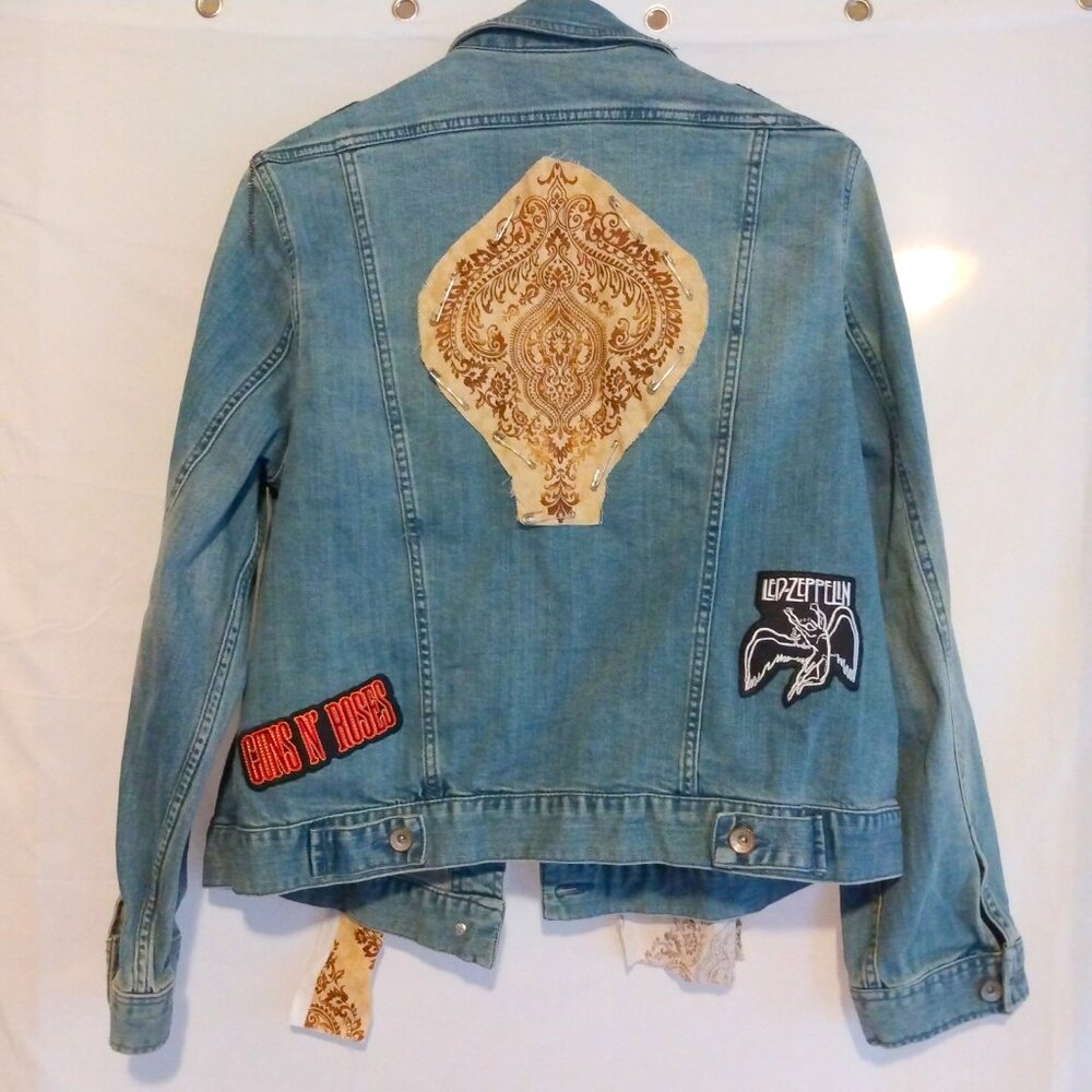 Upcycled Denim Jean Jacket XL Boho Rocker Patches Artsy Festival Mixed Media - Picture 9 of 15